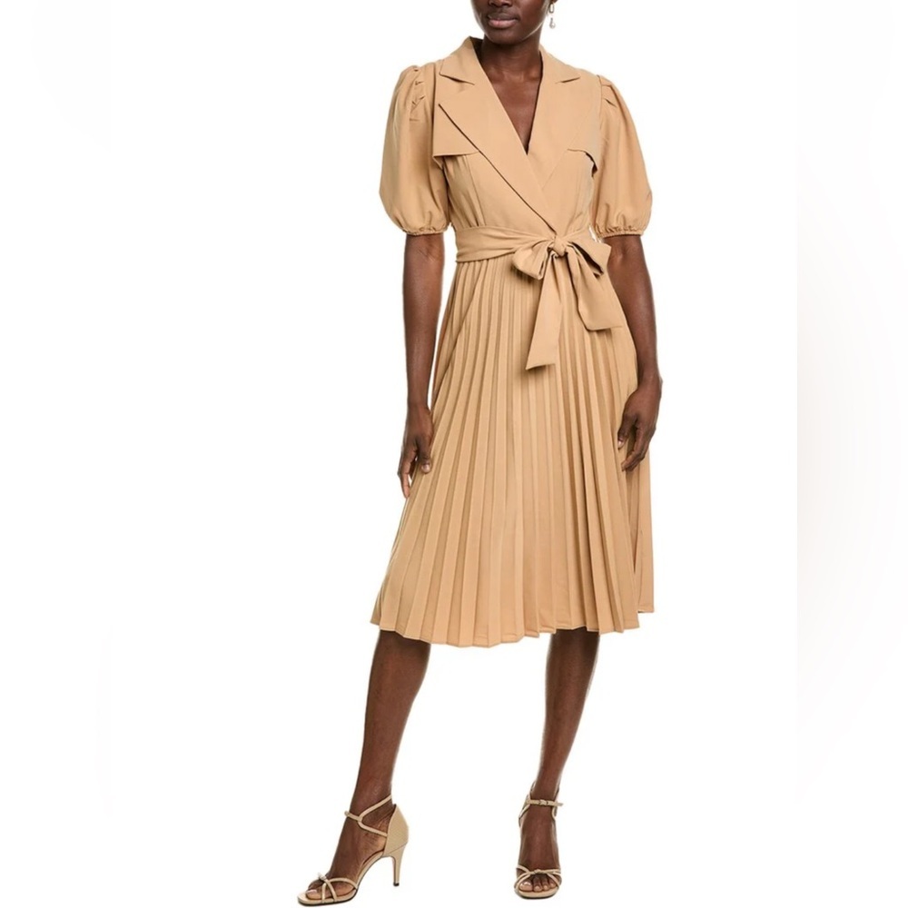 Nanette Lepore Camel Pleated Tie-Waist Midi Dress Office Business casual Work